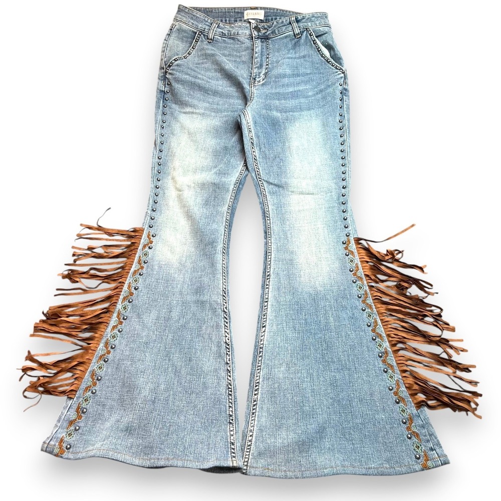 READ Shyanne Fringe Studded Flare Jeans Womens 30 Blue Western Boho Cowgirl Bell